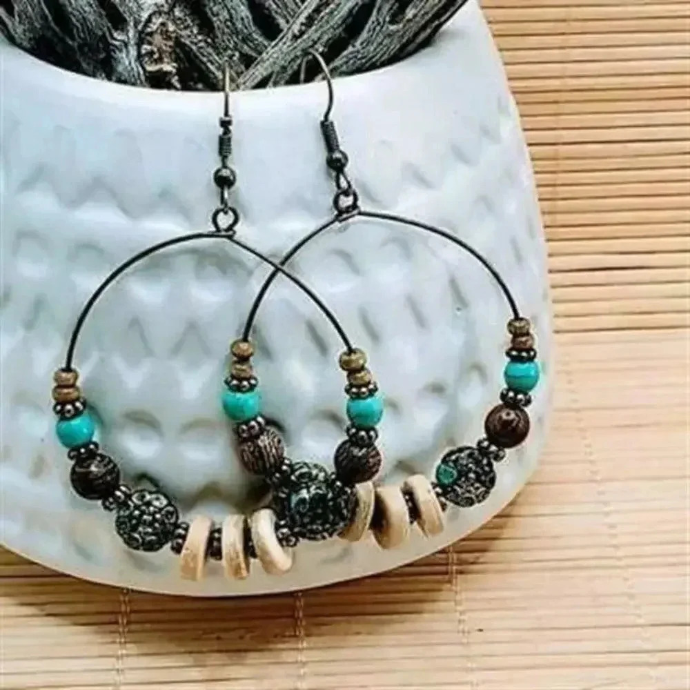 Handcrafted Boho Antiqued Brass Patina Wood Beads Earrings